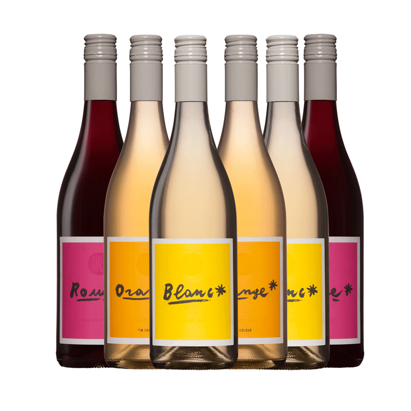 6 bottles of Blind Corner Organic Wine with yellow, orange, or pink labels