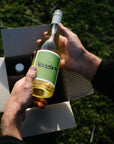 Person holds a bottle of Blind Corner Organic Verde wine selected from the Wine Club 4-pack box.