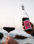Person holding a bottle and glass of Blind Corner Organic and Biodynamic Margaret River Rouge by the sea
