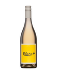 A bottle of Blind Corner Organic Blanc wine with a yellow label on it, showcasing a pale straw-colored liquid.