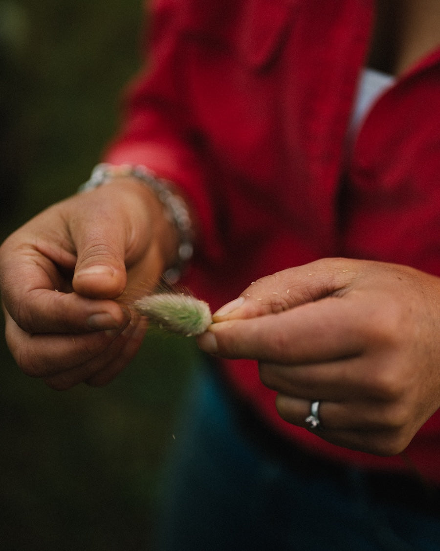 a person holding and inspecting a seed pod in a natural setting