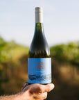 Blind Corner Evangeline -  Organic and Biodynamic Preservative Free Margaret River Chenin Blanc bottle held in hand with blurred vineyard background