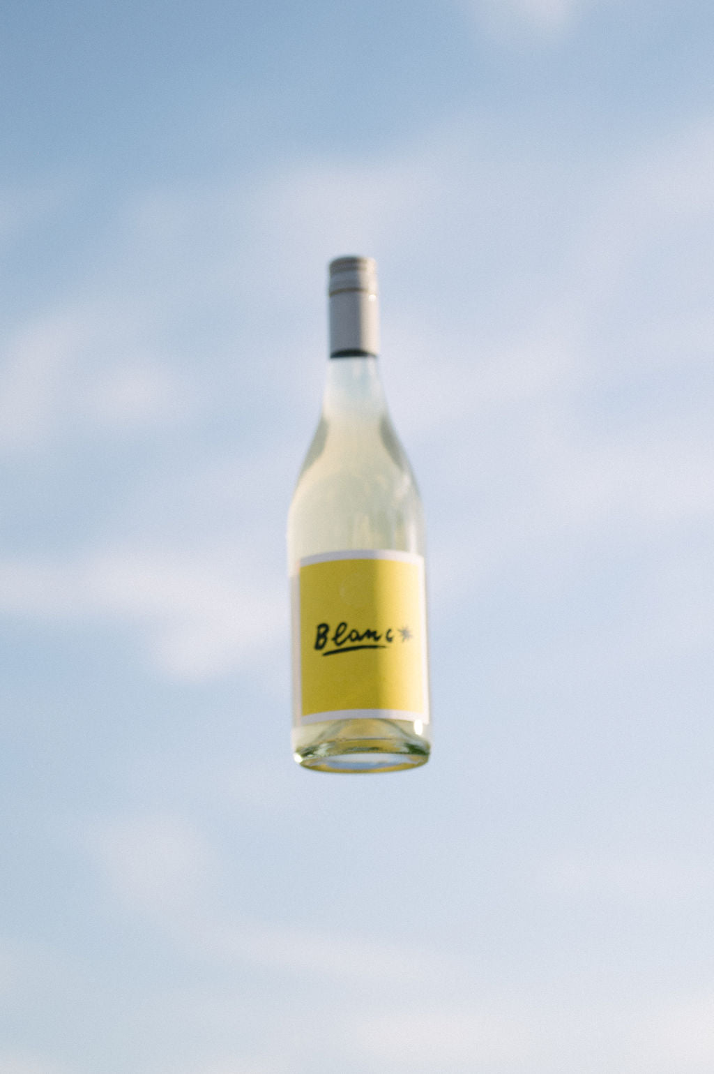 A bottle of wine labeled 'Blanc' against a sky background.