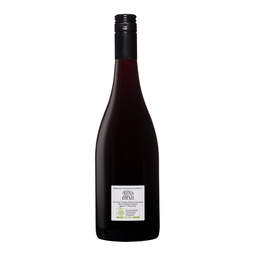 Blind Corner Organic Cleanskins wine bottle with a label on a white background