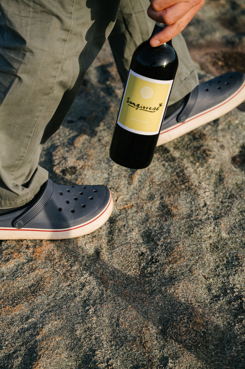 Person grabs a bottle of Organic Sangiovese from the rocks as they walk past