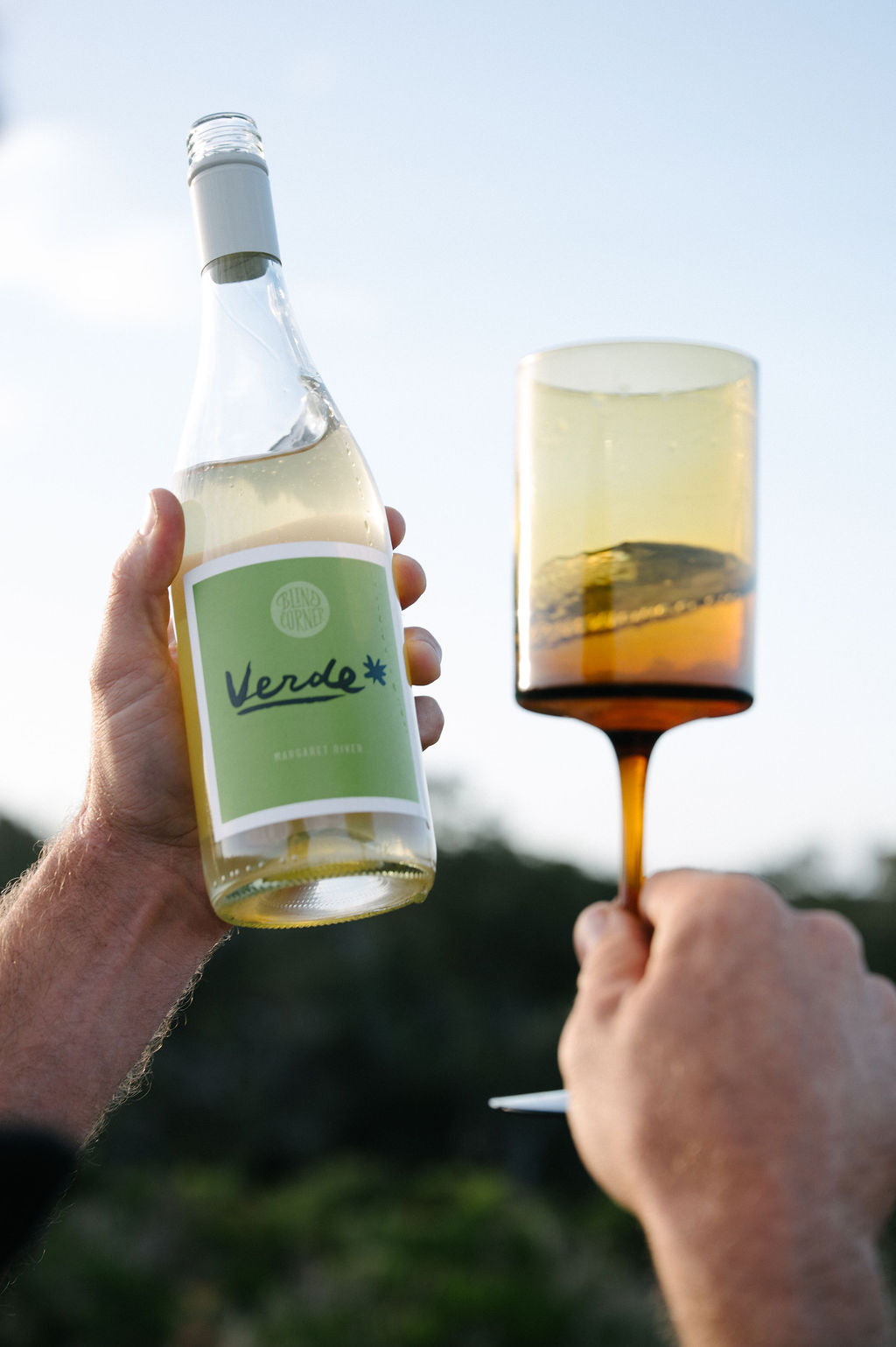 Person holding a bottle and glass of organic white wine with 'Verde' label against a blurred natural background