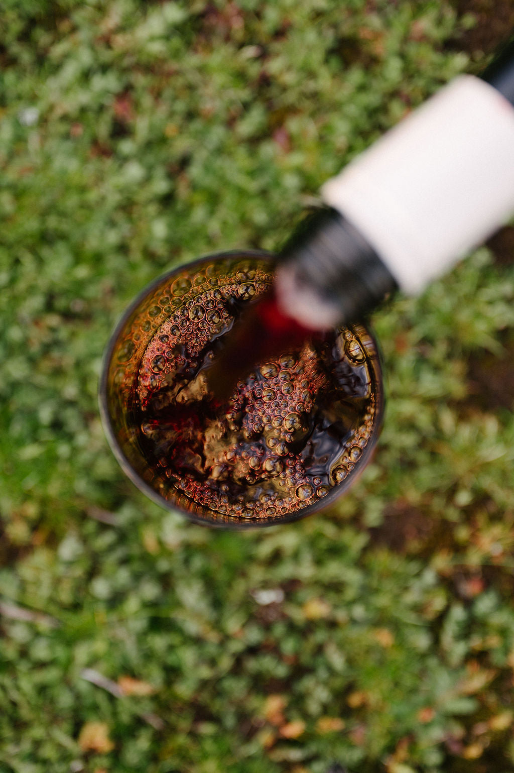 A close up of the neck of a bottle of wine pouring Organic red wine into a glass on a grassy background