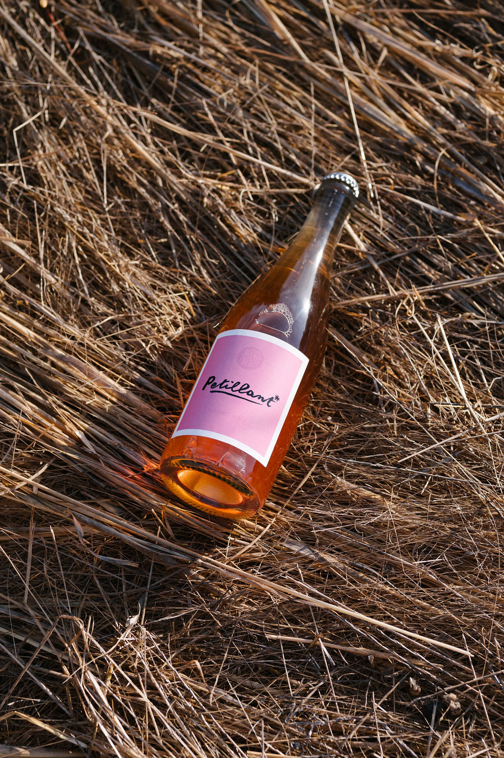Blind Corner Organic and Biodynamic Margaret River Petillant bottle lying in the long, dried grass