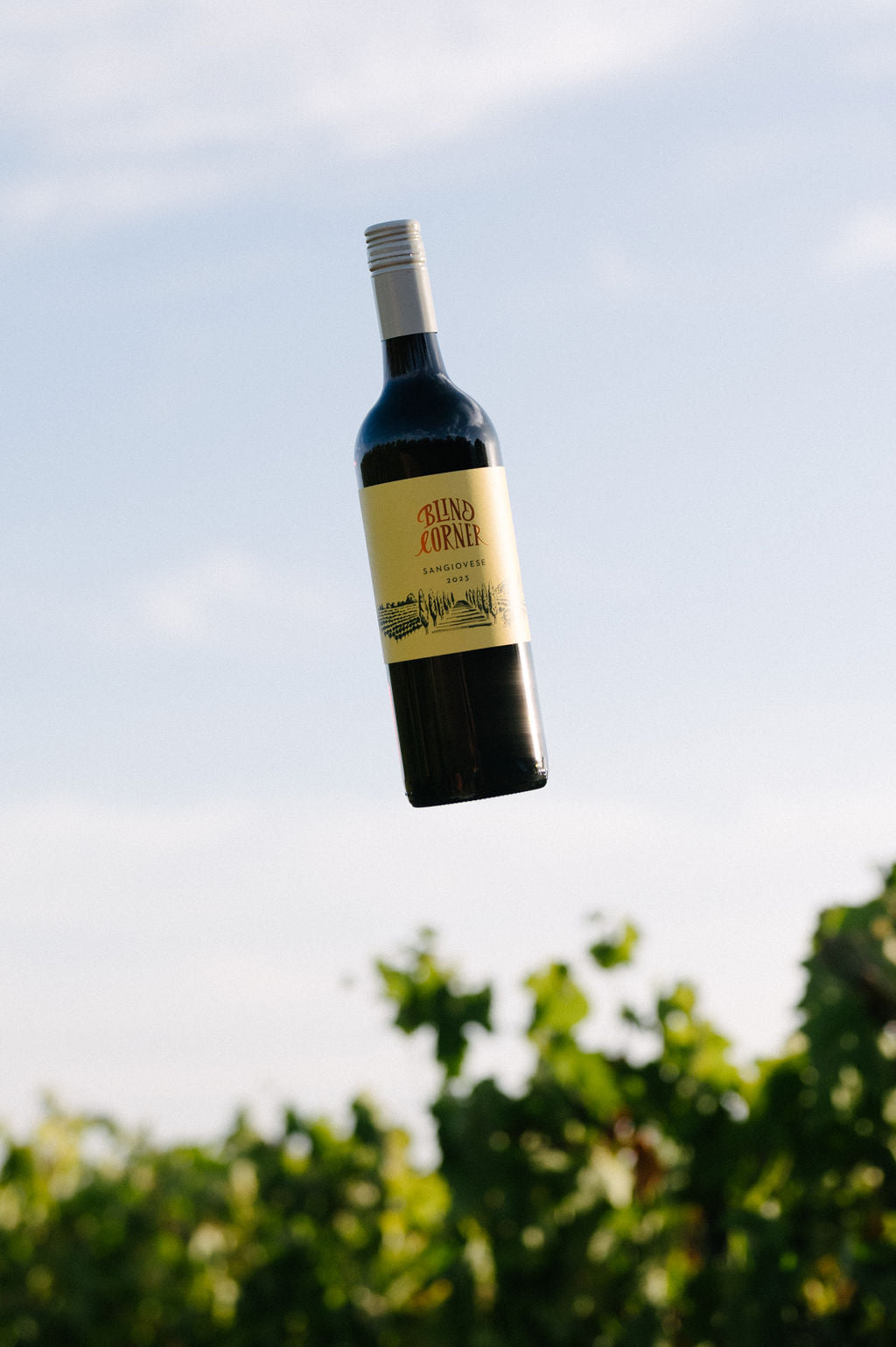 Bottle of Blind Corner Organic and Biodynamic Margaret River Sangiovese against the sky