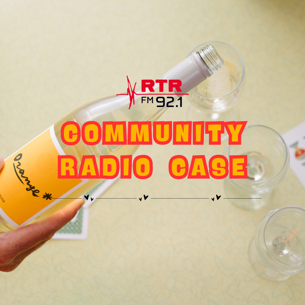 Bottle of Orange* in Colour wine being poured with 'RTR FM 92.1' logo and text overlay on a beige background.