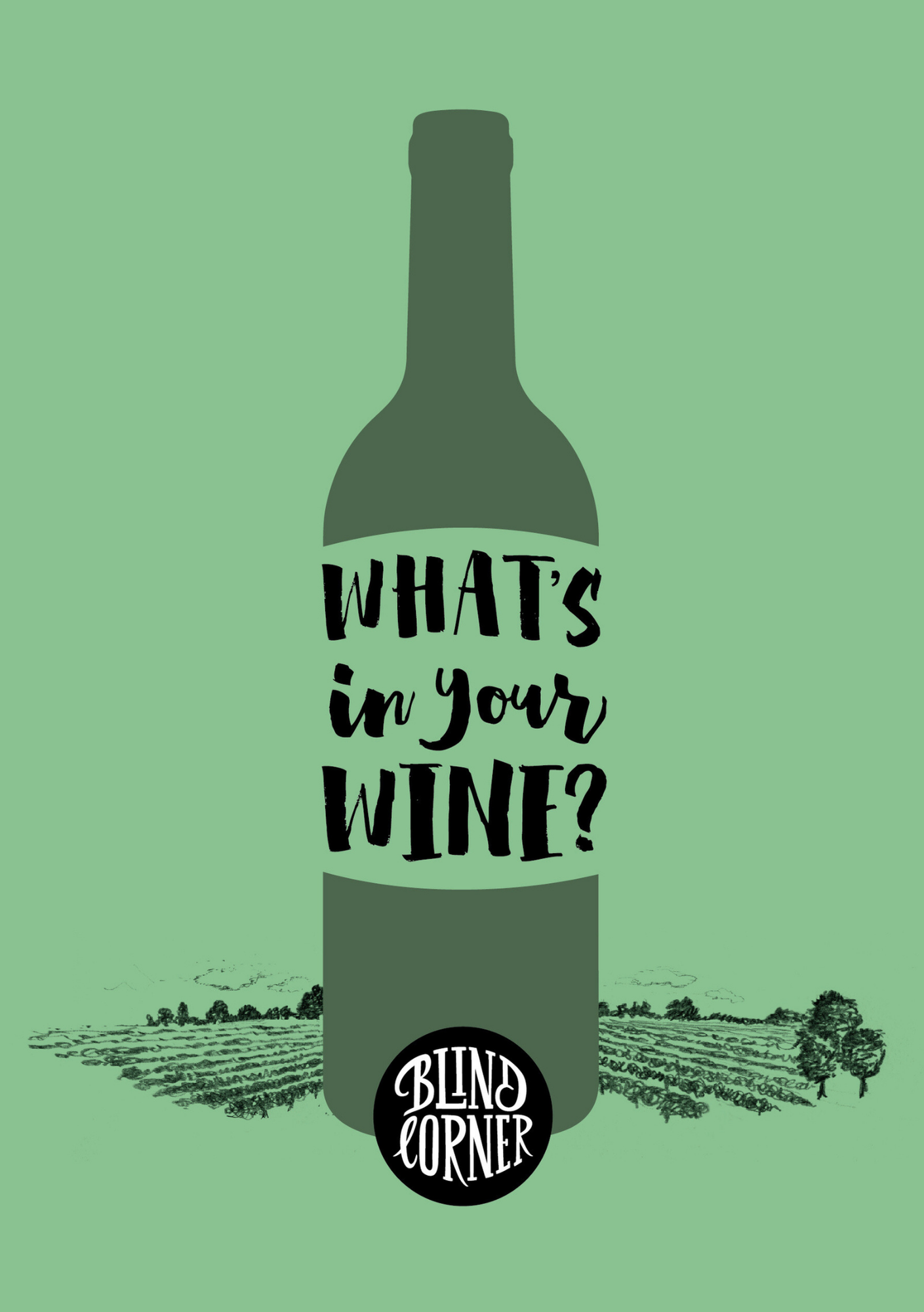 Book cover showing wine bottle graphic with 'What's in your wine?' text on a green background with vineyard illustration, featuring 'Blind Corner' brand.