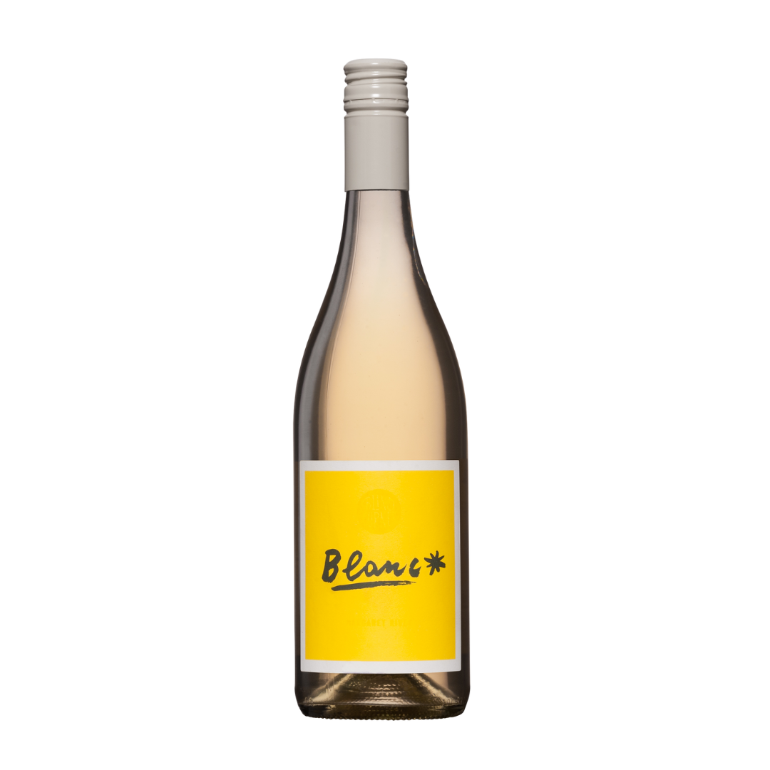A bottle of Blind Corner Organic Blanc wine with a yellow label on it, showcasing a pale straw-colored liquid.